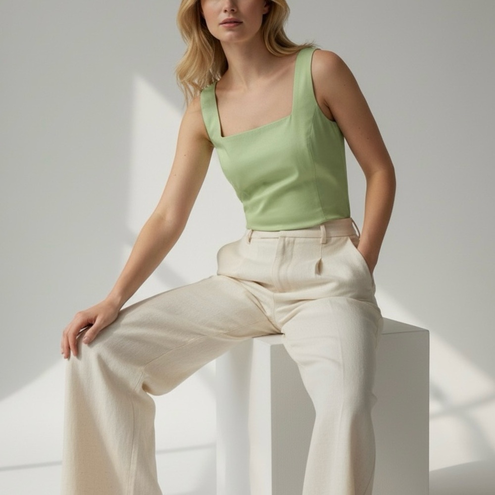 Amanda Smith Green Tailored Tank Top Size 2P Square Neck Cropped NWT